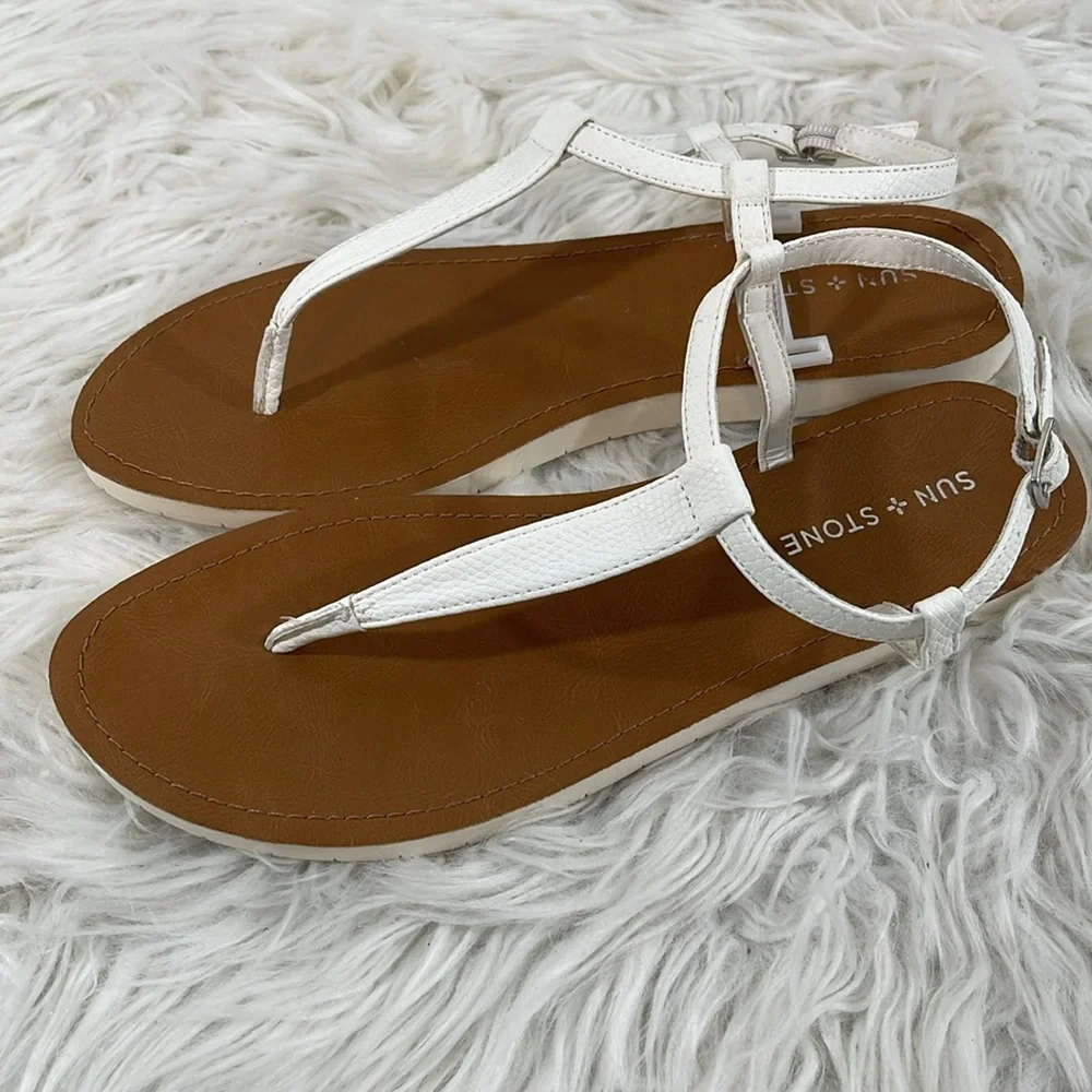 SUN STONE White Cushioned T-Strap Kristi Round Toe Buckle Slingback Sandal Sz 10 - Picture 6 of 9